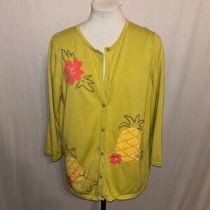 Christopher & Banks Lime Green Tropical Button Front Cardigan XL